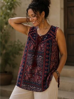 Lucky Brand Embroidered Boho Sleeveless Tank Top 1X Navy Red Tassel